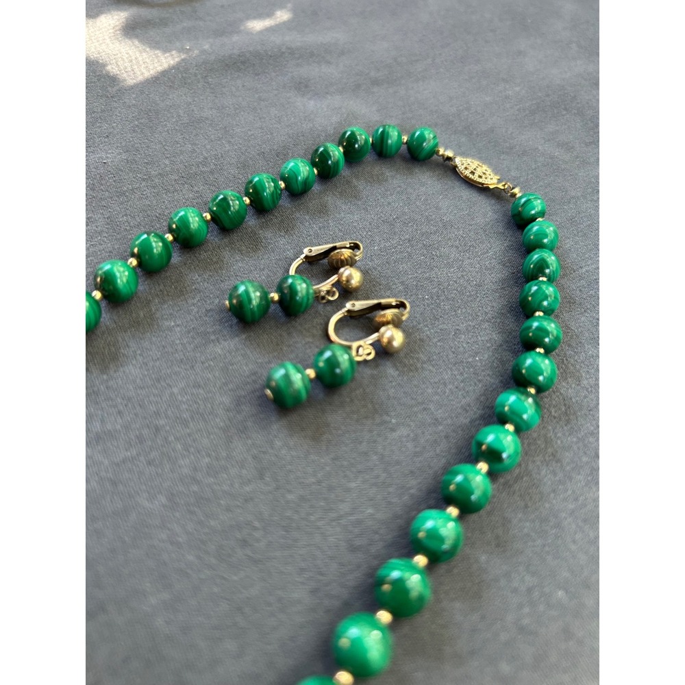 Vintage Green Malachite Bead Necklace and Clip-On Earring Set Gold Tone Clasp